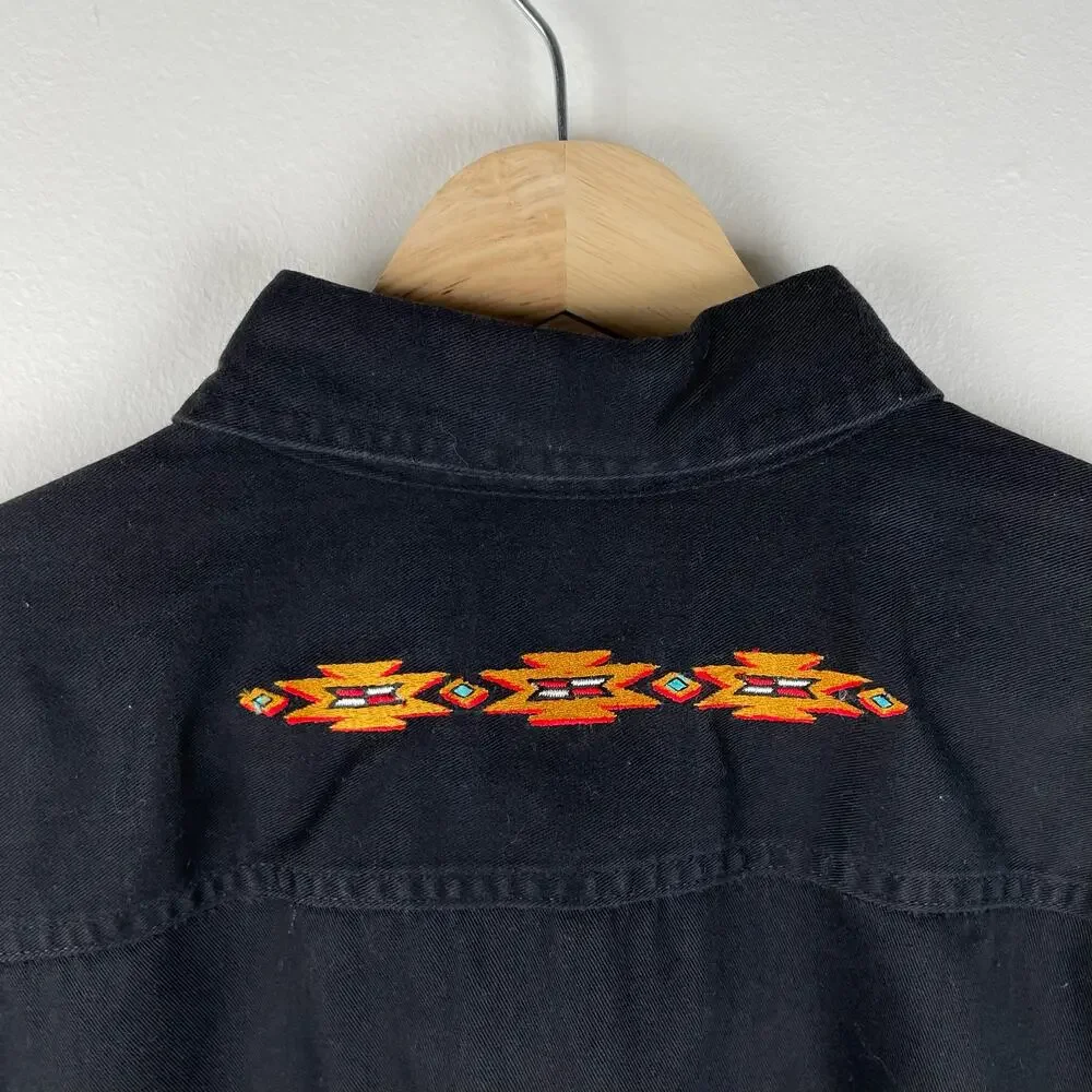 80s Vintage Mens Southwestern Embroidered Button Up Shirt Black Size L